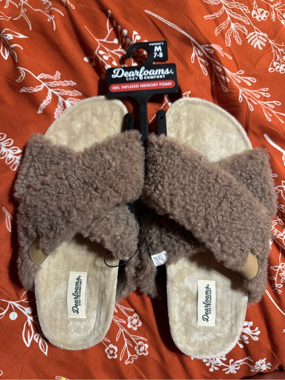 dearfoams Women's Brown Fuzzy Crossover Slide Slippers